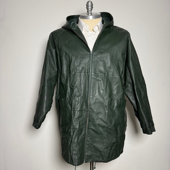 Venezia Taylor Men's Dark Green Leather Hooded Full Zip Long Jacket 1X